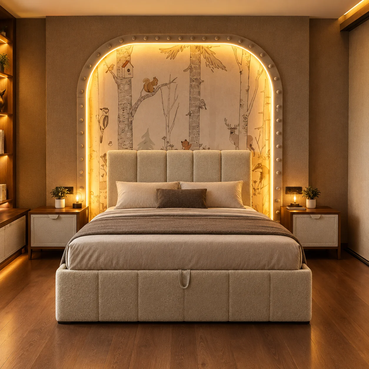 Kemer formlu gizli LED aydınlatmalı yatak başlığı nişi